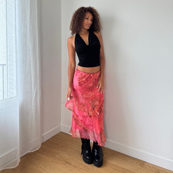 Vintage Silk Mesh Ruffle Midi Skirt (S) - Picture 8 of 11
